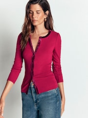 Boden Red Velvet Trim Ribbed Cardigan T2265 - Image 4 of 6