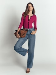 Boden Red Velvet Trim Ribbed Cardigan T2265 - Image 5 of 6