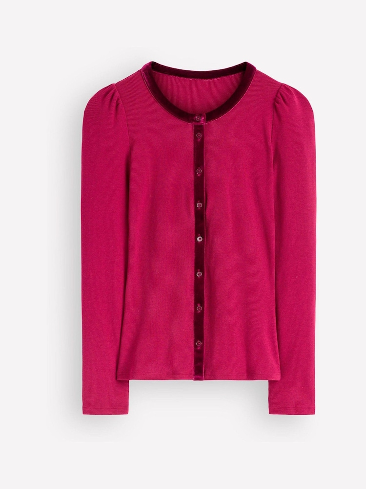 Boden Red Velvet Trim Ribbed Cardigan T2265 - Image 6 of 6