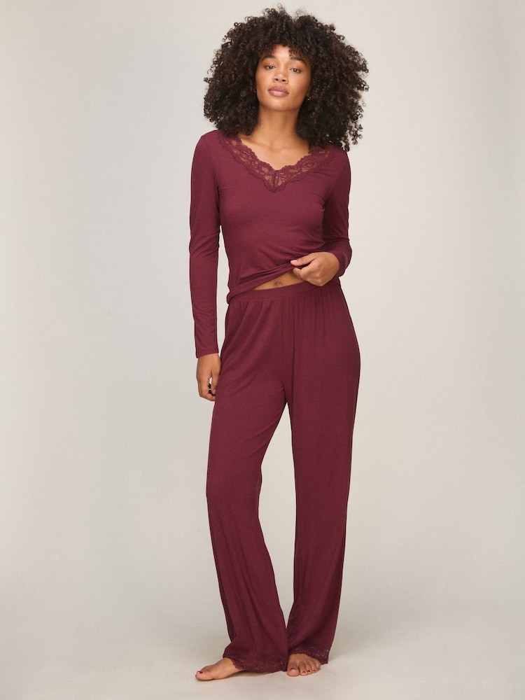 Hunkemöller Red Modal Long Sleeve Pyjama Set - Image 1 of 5 Hunkemöller Red Modal Long Sleeve Pyjama Set - Image 1 of 5