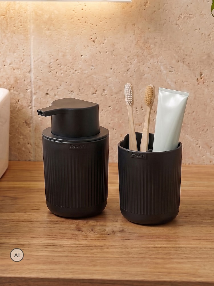 ReBorn Graphite Black Soap Dispenser & Toothbrush Holder Bundle - Image 1 of 6 ReBorn Graphite Black Soap Dispenser & Toothbrush Holder Bundle - Image 1 of 6