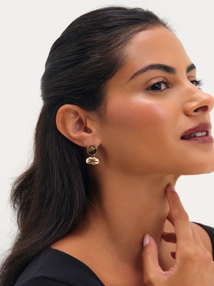Jon Richard Gold Tone Tigers Eye And Polished Drop Earrings - Image 2 of 3