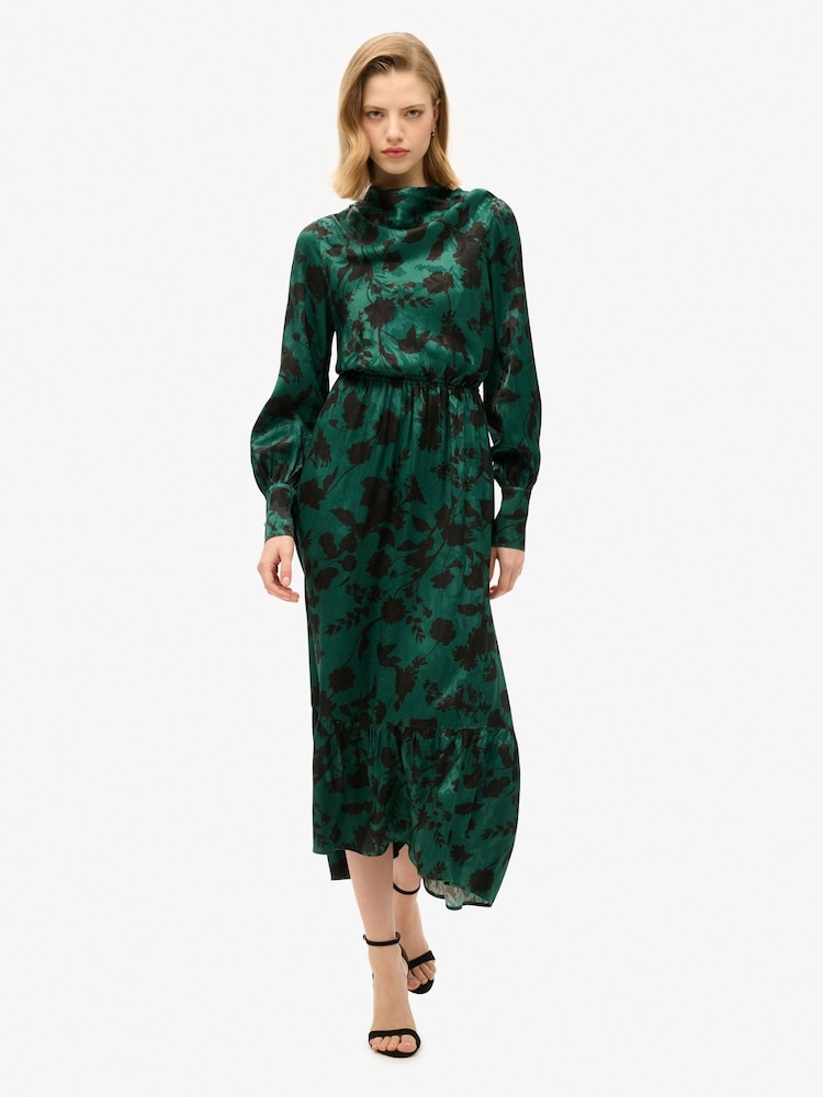 Superdry Sketch Floral Teal Maxi Cowl Neck Jacquard Dress - Image 1 of 4 Superdry Sketch Floral Teal Maxi Cowl Neck Jacquard Dress - Image 1 of 4