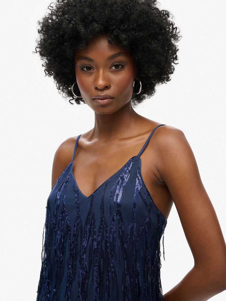 Superdry Navy Sequin Fringe V-Neck Cami Mini Dress - Image 3 of 6