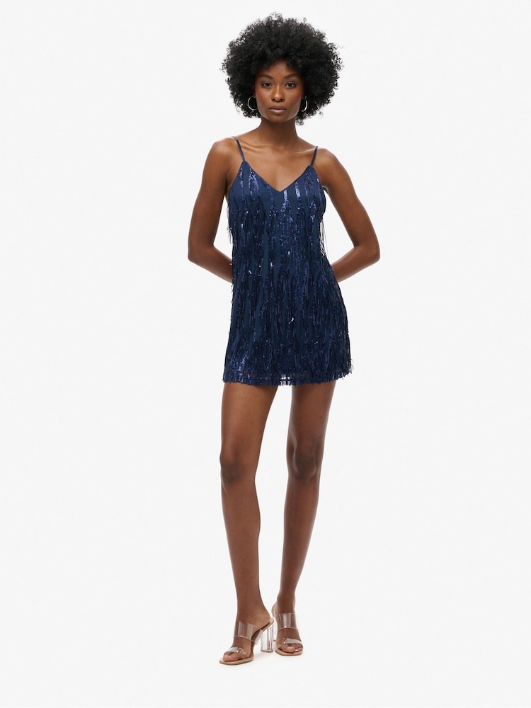 Superdry Navy Sequin Fringe V-Neck Cami Mini Dress - Image 4 of 6