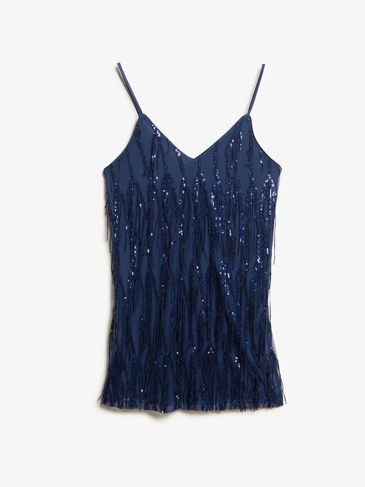 Superdry Navy Sequin Fringe V-Neck Cami Mini Dress - Image 5 of 6