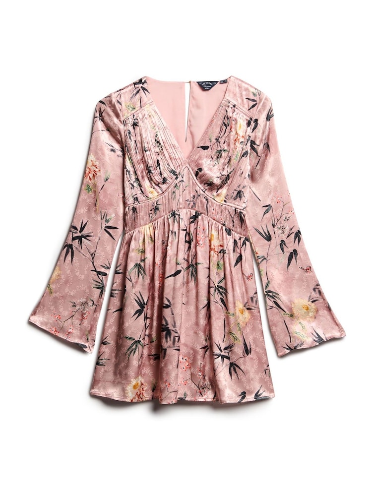 Superdry Blush Floral Japanese Shadow Flare Sleeve Jacquard Mini Dress - Image 5 of 6