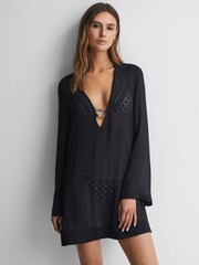 Reiss Navy April Sheer Plunge Neck Kaftan - Image 1 of 5