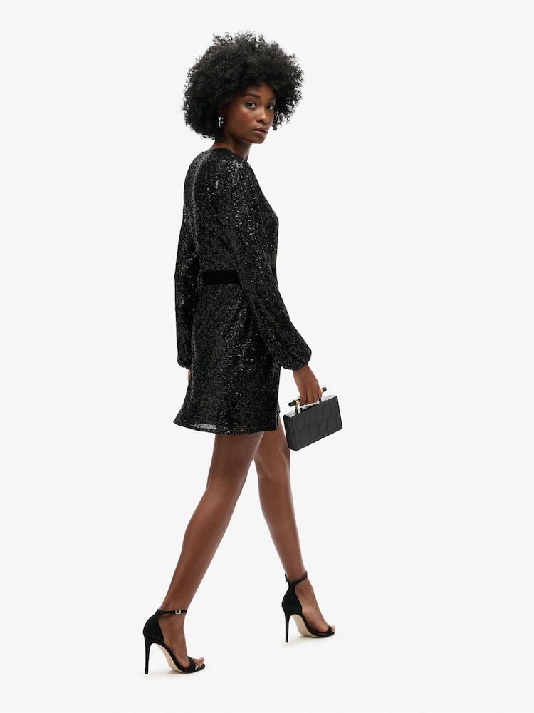Superdry Black Sequin Sequin Velvet Wrap Mini Dress - Image 2 of 5 Superdry Black Sequin Sequin Velvet Wrap Mini Dress - Image 2 of 5