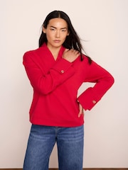 Mint Velvet Red Cotton V-Neck Button Detail Sweatshirt - Image 1 of 6