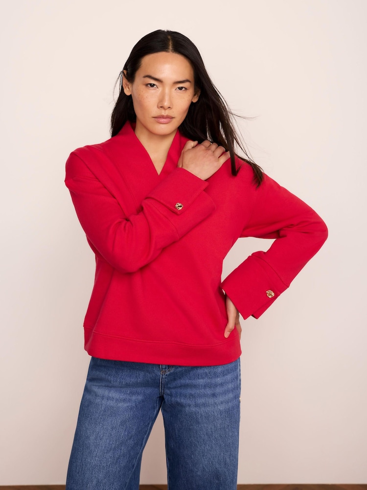 Mint Velvet Red Cotton V-Neck Button Detail Sweatshirt - Image 1 of 6 Mint Velvet Red Cotton V-Neck Button Detail Sweatshirt - Image 1 of 6