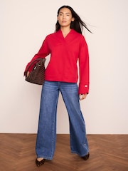 Mint Velvet Red Cotton V-Neck Button Detail Sweatshirt - Image 2 of 6