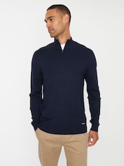 Threadbare Navy Funnel Quarter Zip Knitted Jumper - Image 1 of 4
