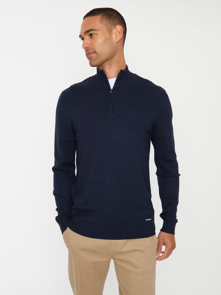Threadbare Navy Funnel Quarter Zip Knitted Jumper - Image 1 of 4