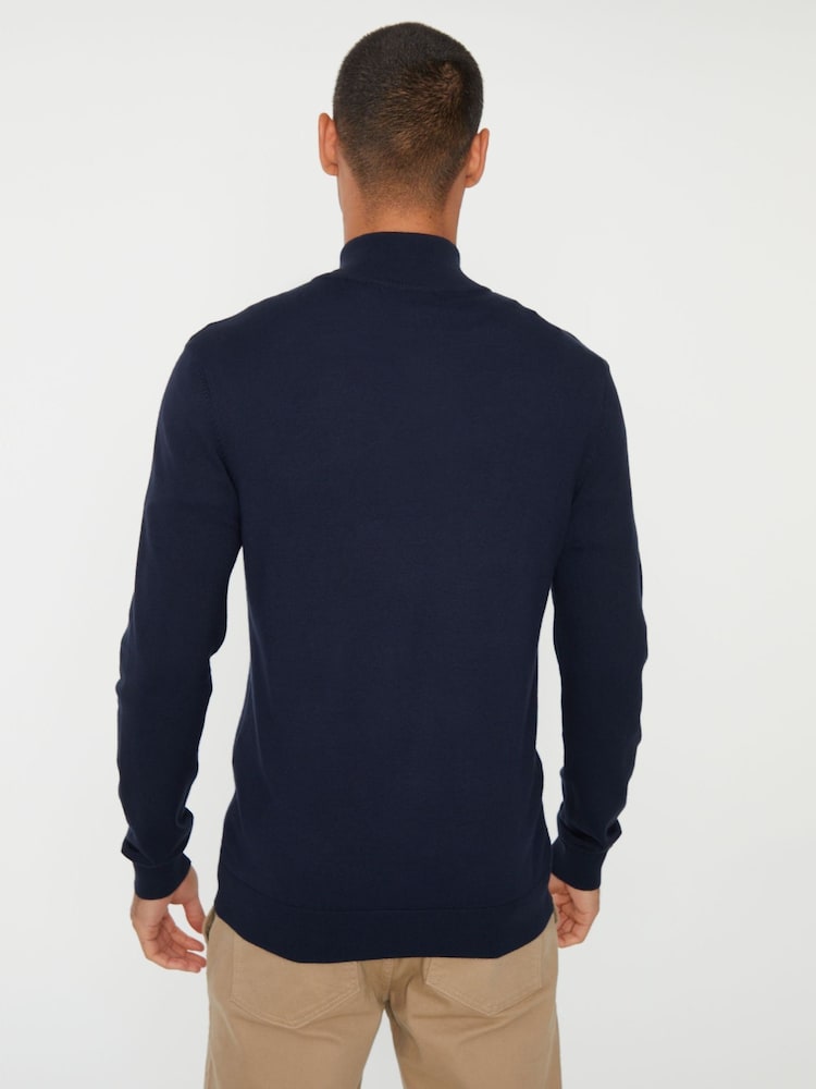 Threadbare Navy Funnel Quarter Zip Knitted Jumper - Image 2 of 4