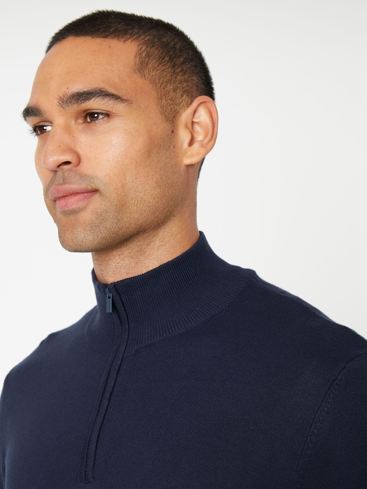 Threadbare Navy Funnel Quarter Zip Knitted Jumper - Image 4 of 4