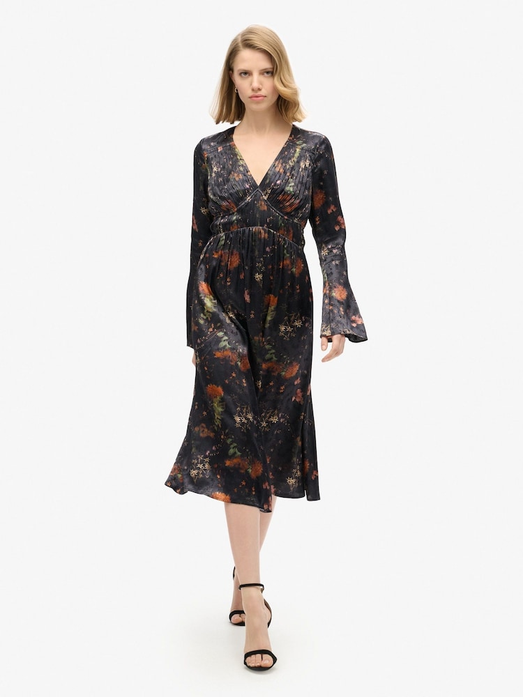 Superdry Alpine Lake Black Flare Sleeve Jacquard Midi Dress - Image 1 of 6 Superdry Alpine Lake Black Flare Sleeve Jacquard Midi Dress - Image 1 of 6