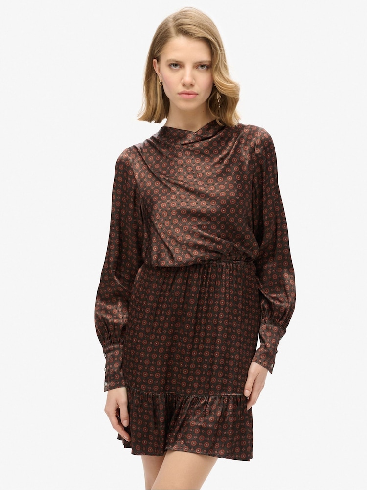 Superdry Geo Tile Orange Mini Cowl Neck Jacquard Dress - Image 1 of 8