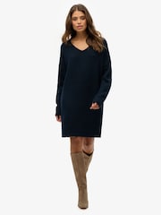 Superdry Dark Teal Twist Oversized V-Neck Jumper Dress - Image 1 of 6