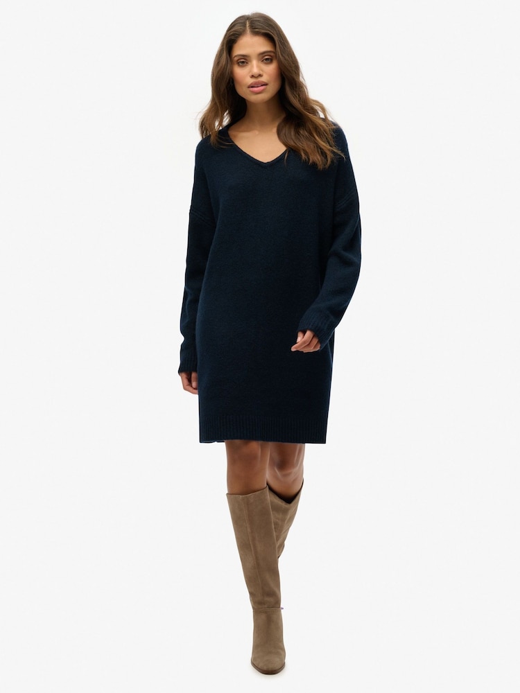 Superdry Dark Teal Twist Oversized V-Neck Jumper Dress - Image 1 of 6