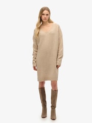 Superdry Light Beige Twist Oversized V-Neck Jumper Dress - Image 1 of 5