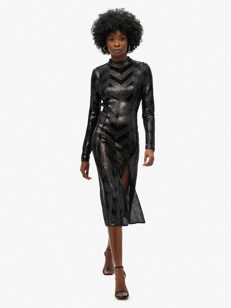 Superdry Black Deco Sequin Chevron Open Back Midi Dress - Image 1 of 5