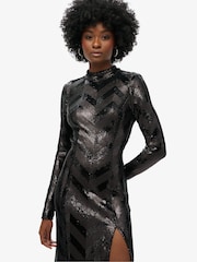Superdry Black Deco Sequin Chevron Open Back Midi Dress - Image 2 of 5