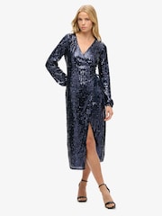 Superdry Navy Sequin Sequin Wrap Maxi Dress - Image 1 of 4