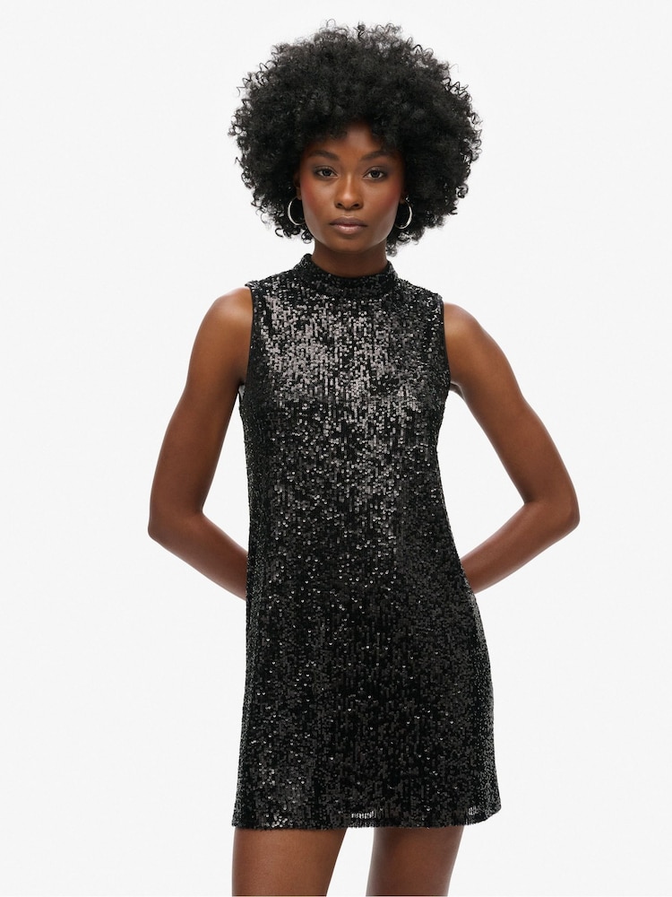 Superdry Black Plain Sequin Sequin A Line Mini Dress - Image 1 of 6