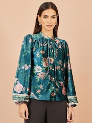 Yumi Green Floral Velvet Blouse With Tie Neckline - Image 1 of 5