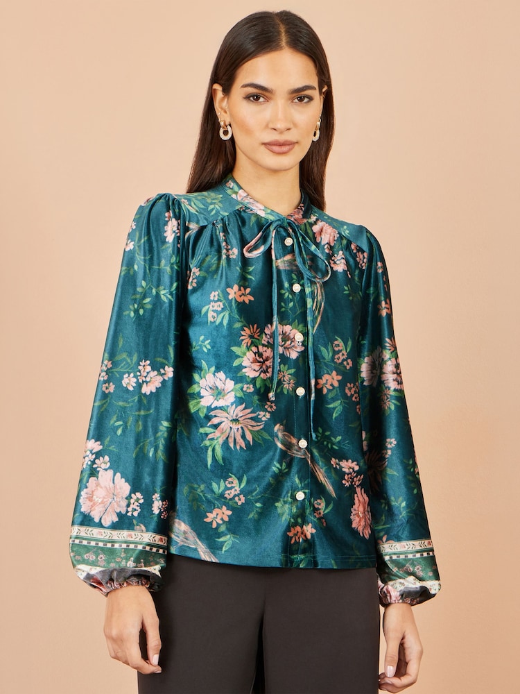 Yumi Green Floral Velvet Blouse With Tie Neckline - Image 1 of 5 Yumi Green Floral Velvet Blouse With Tie Neckline - Image 1 of 5