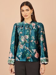 Yumi Green Floral Velvet Blouse With Tie Neckline - Image 2 of 5
