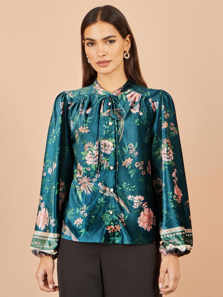 Yumi Green Floral Velvet Blouse With Tie Neckline - Image 2 of 5 Yumi Green Floral Velvet Blouse With Tie Neckline - Image 2 of 5