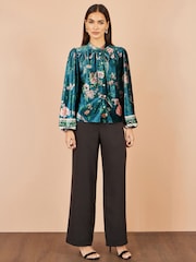 Yumi Green Floral Velvet Blouse With Tie Neckline - Image 3 of 5