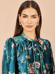 Yumi Green Floral Velvet Blouse With Tie Neckline - Image 4 of 5