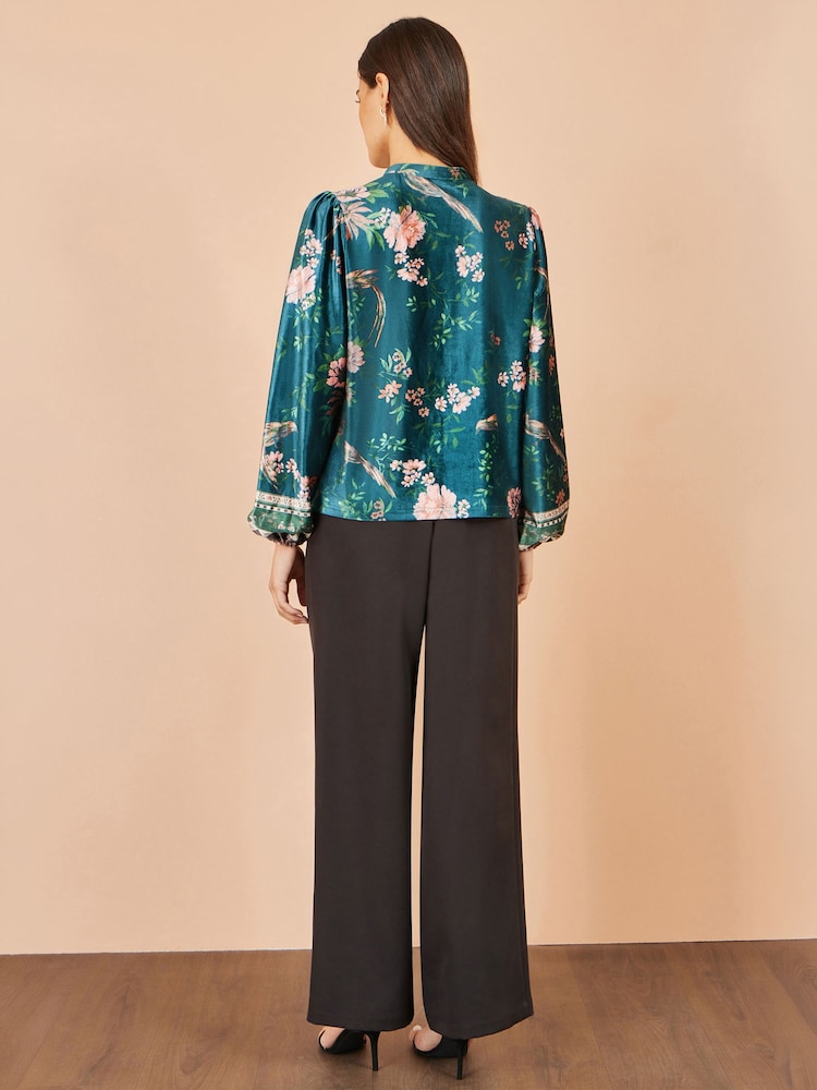 Yumi Green Floral Velvet Blouse With Tie Neckline - Image 5 of 5 Yumi Green Floral Velvet Blouse With Tie Neckline - Image 5 of 5