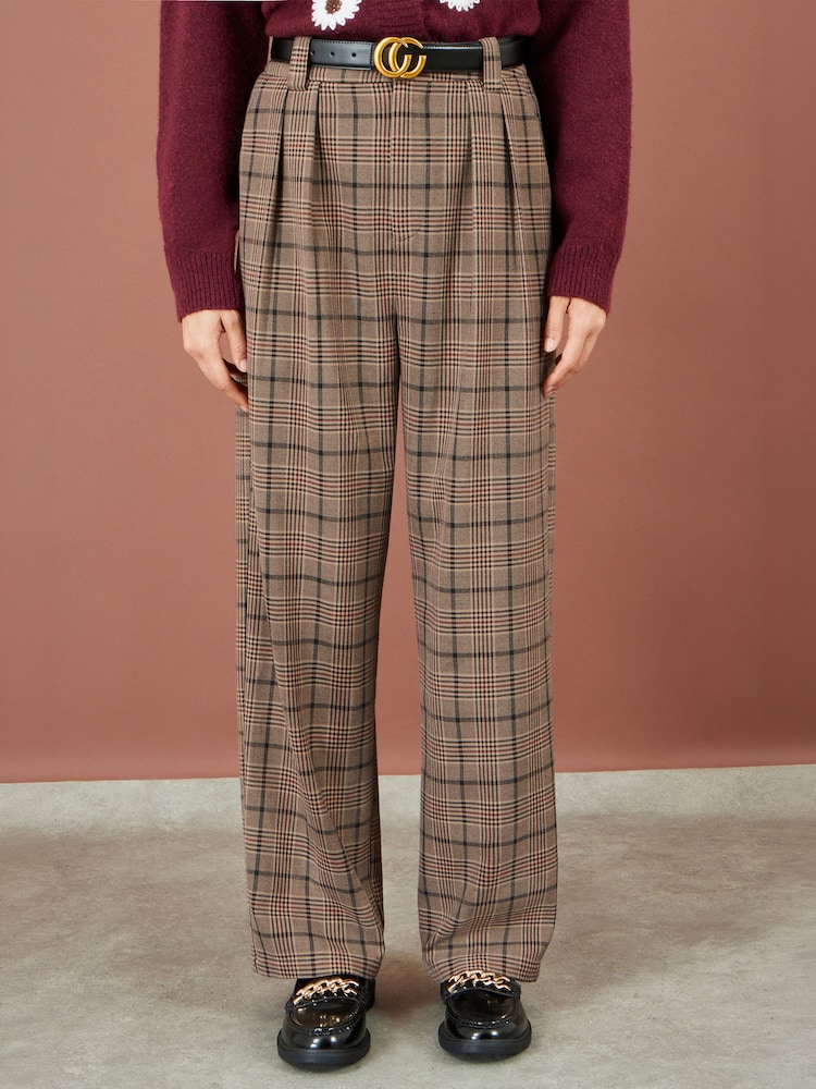 Yumi Brown Check Wide Leg Trousers - Image 2 of 3 Yumi Brown Check Wide Leg Trousers - Image 2 of 3