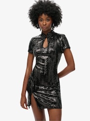 Superdry Black Sequin Mandarin Sequin Mini Dress - Image 1 of 6