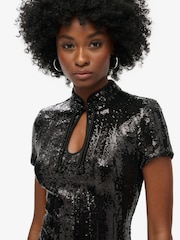 Superdry Black Sequin Mandarin Sequin Mini Dress - Image 4 of 6