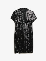 Superdry Black Sequin Mandarin Sequin Mini Dress - Image 5 of 6