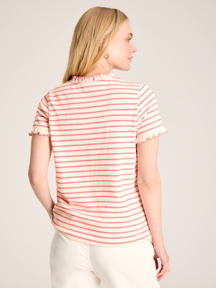Joules Daisy Pink/Cream Short Sleeve Frilled Neck Top - Image 2 of 7