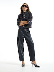 River Island Black Faux Leather Barrel Leg Trousers - Image 1 of 4