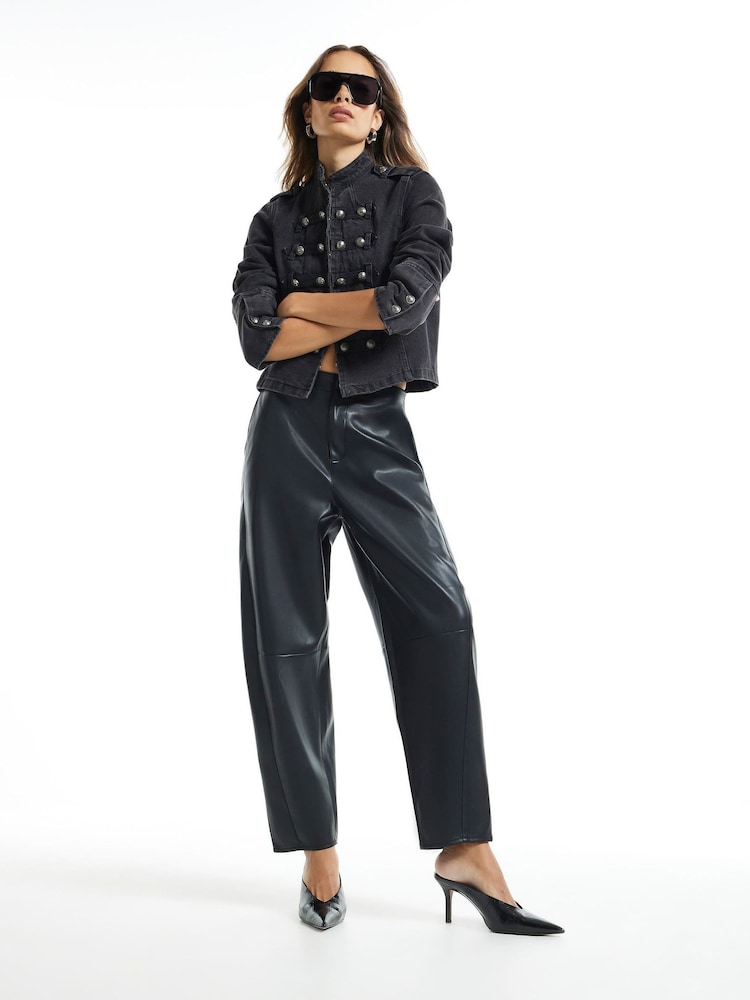 River Island Black Faux Leather Barrel Leg Trousers - Image 1 of 4