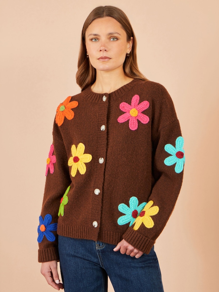 Yumi Brown Knitted Flower Appliqué Cardigan - Image 1 of 5