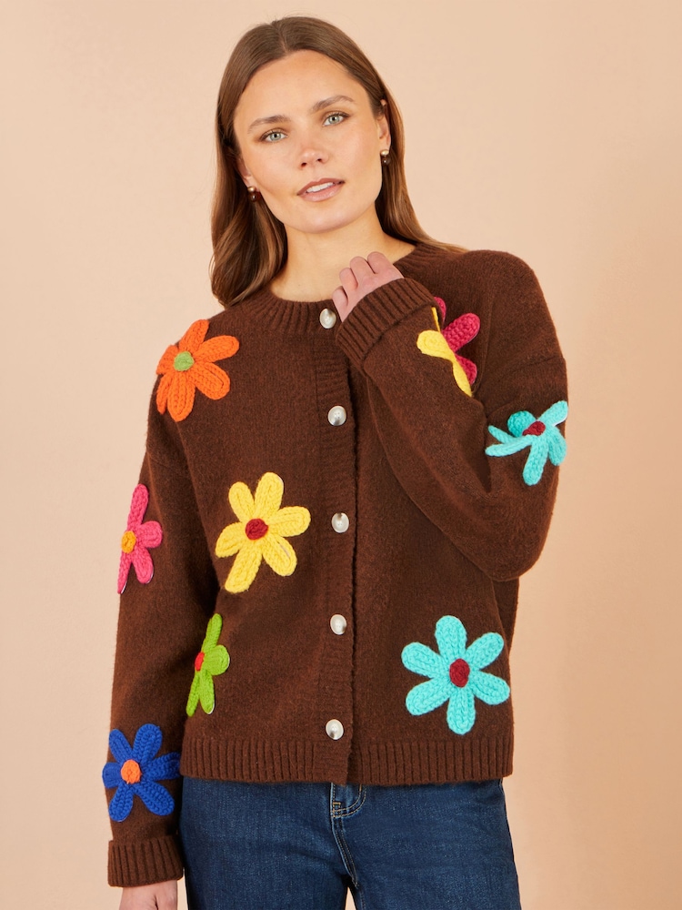 Yumi Brown Knitted Flower Appliqué Cardigan - Image 2 of 5