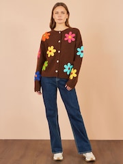 Yumi Brown Knitted Flower Appliqué Cardigan - Image 3 of 5