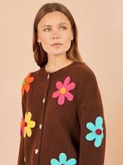 Yumi Brown Knitted Flower Appliqué Cardigan - Image 4 of 5