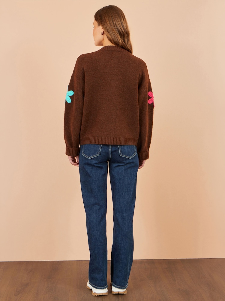 Yumi Brown Knitted Flower Appliqué Cardigan - Image 5 of 5