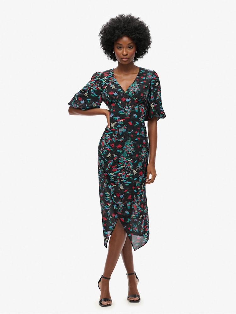 Superdry Crane Black Print Short Sleeve Sheer Midi Dress - Image 1 of 3