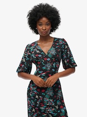 Superdry Crane Black Print Short Sleeve Sheer Midi Dress - Image 3 of 3